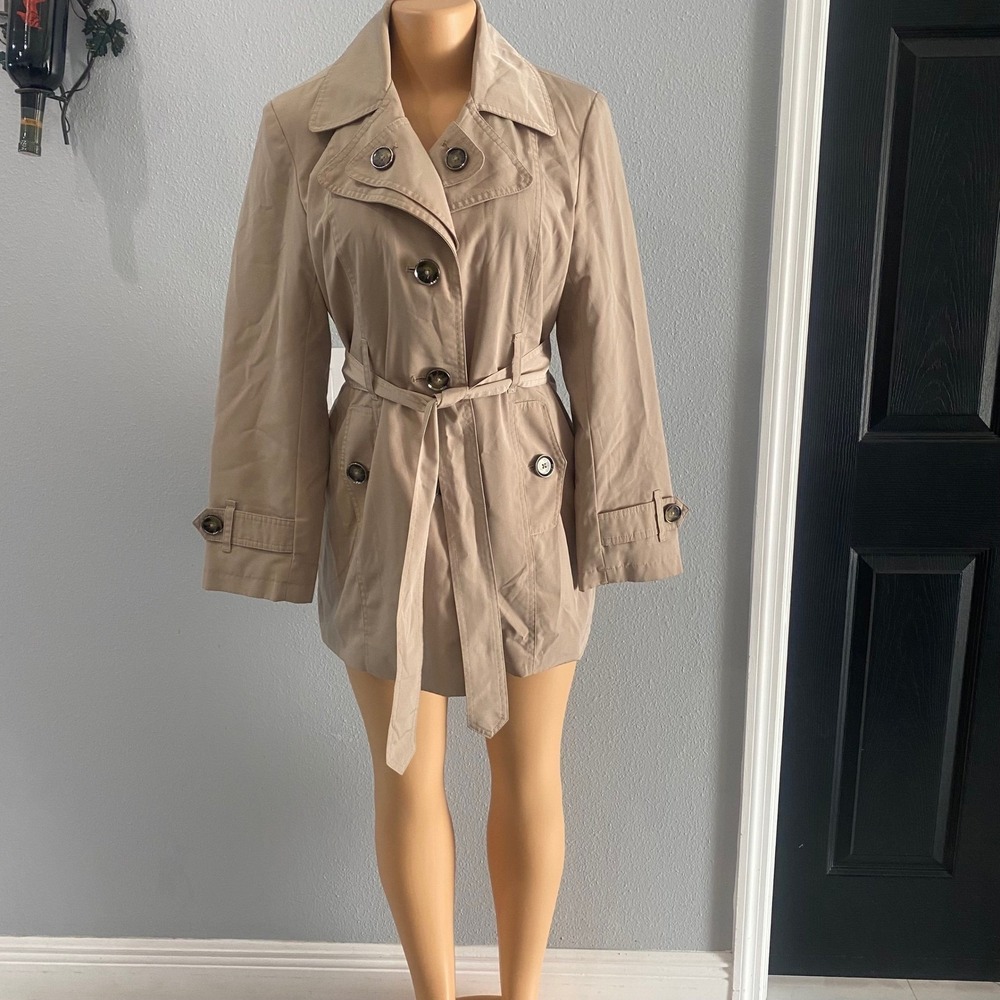London Fog Womens Petite PM Tan Beige Double Breasted Belted Trench Coat Jacket